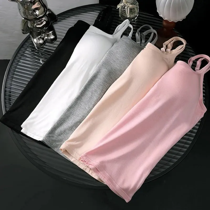 1pcs Girls Basic Solid Vest Female Casual Sleeveless Strap Top Four Season Traceless Women Tank Tops With Padded Cups Vests — image 2
