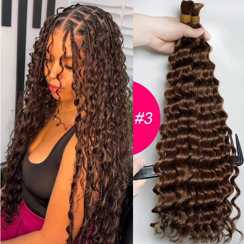 4# Chocolate Brown Deep Wave Bulk Human Hair for Boho Braids Curly Braiding Hair 18-30 inch Remy Hair Bundle Brazilian — image 10