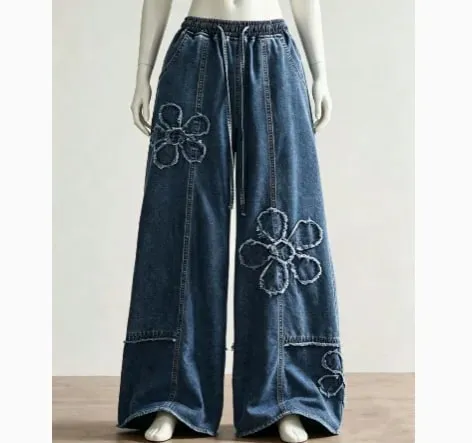 American Retro Frayed Edge Patchwork Heavy Washed Denim Jeans Unisex Street Loose Straight Wide-Leg Trousers 21095