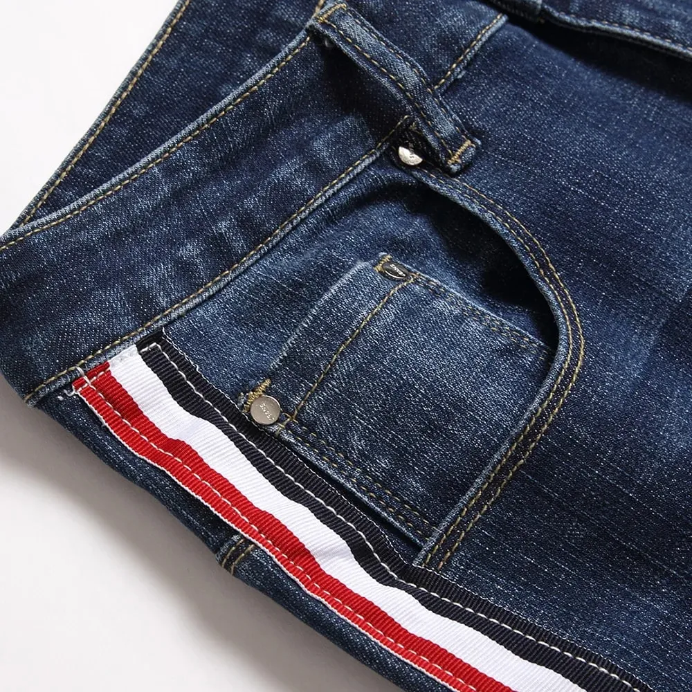 Men Side Stripe Denim Jeans Blue Stretch Washed Denim Pants Slim Straight Trousers — image 3