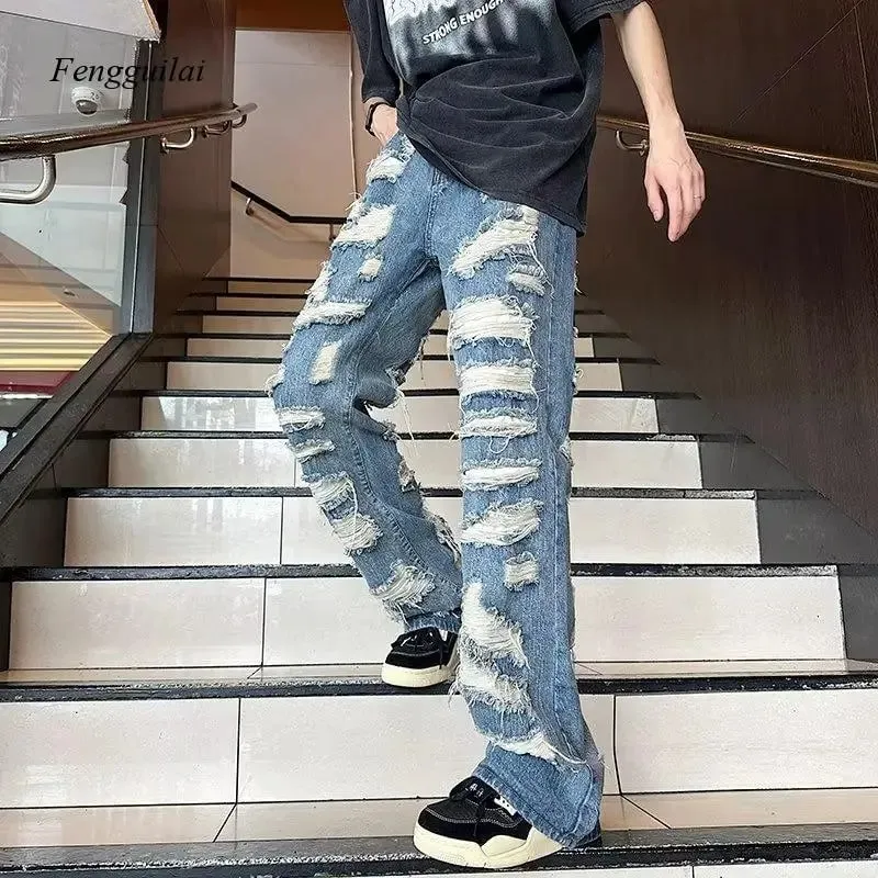 Vintage All-Over Ripped Baggy Jeans for Men Heavy Distressed Washed Blue Denim Streetwear Pants — image 4