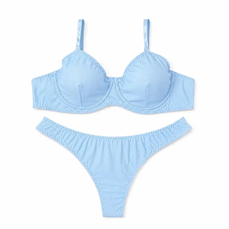 Women Solid Ribbed Lingerie Set Underwire Thin Cup Bra Matching Low Rise Thong Soft Daily Intimates — image 9