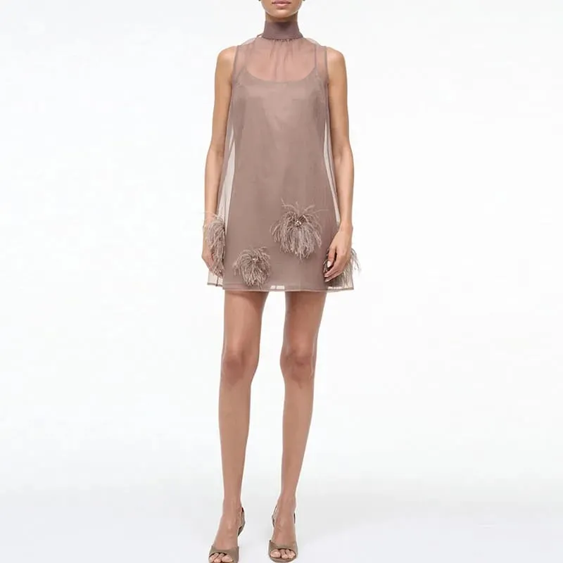 Casual Sleeveless Feather Party Dress Elegant Mesh Splicing Solid A-Line Dress 2025 Women Fashion Half High Collar Short Dress — image 3