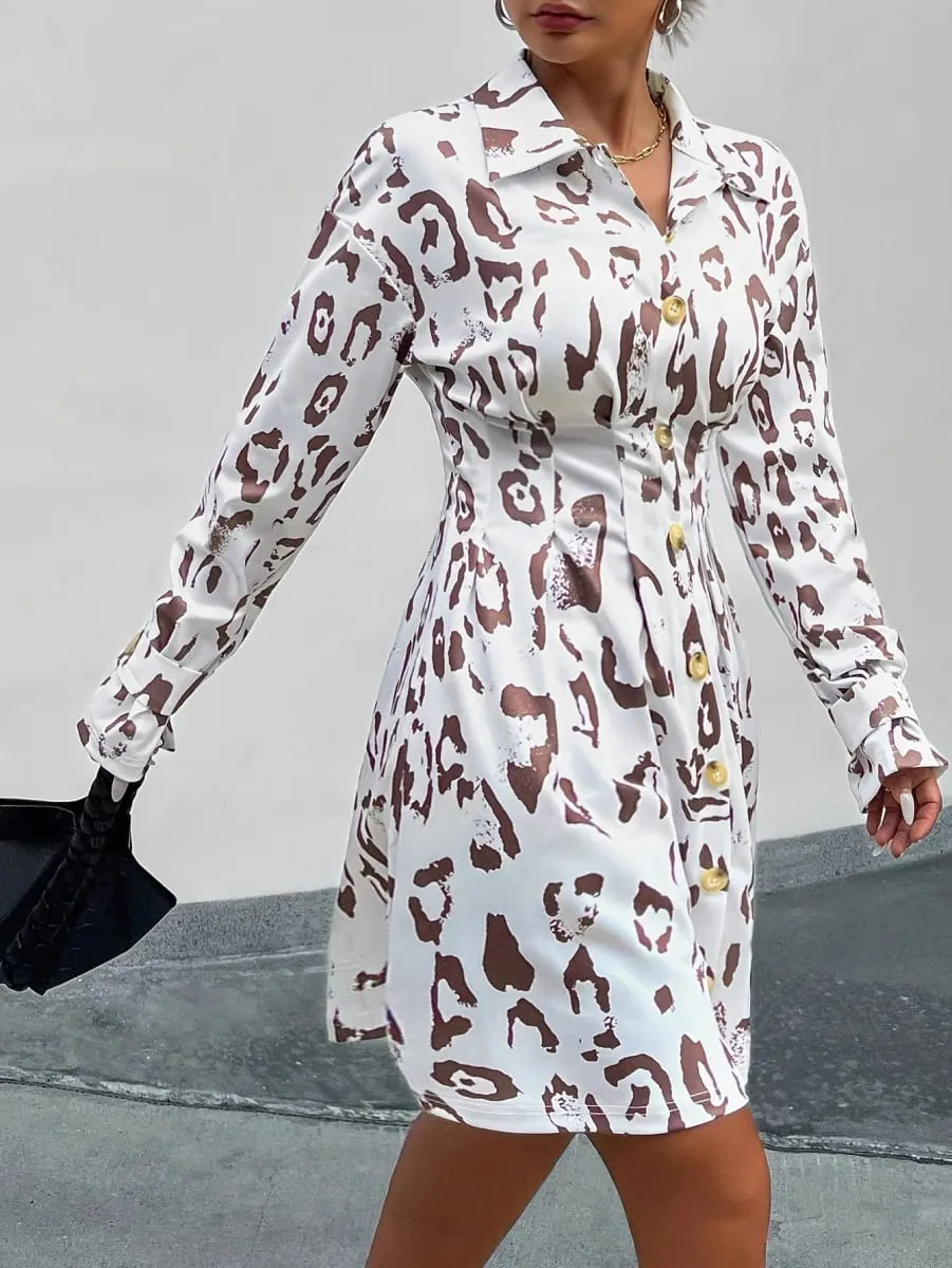 2026 New Women Leopard Print Shirt Dress Long Sleeve Turn-Down Collar Button Up Waist Mini Dress Casual Office Elegant Dresses — image 1
