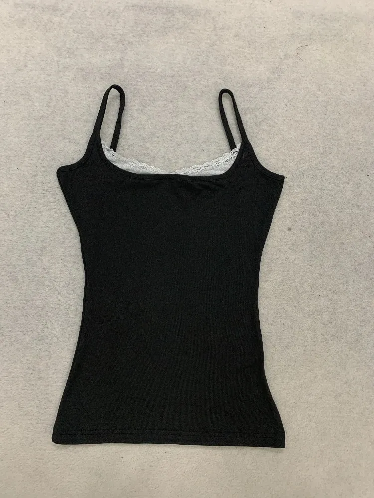Y2K Hot Girl Solid Color Tank Top with Thin Shoulder Straps Side Lace Splicing Slim Fit Sleeveless Casual Street Strap Top