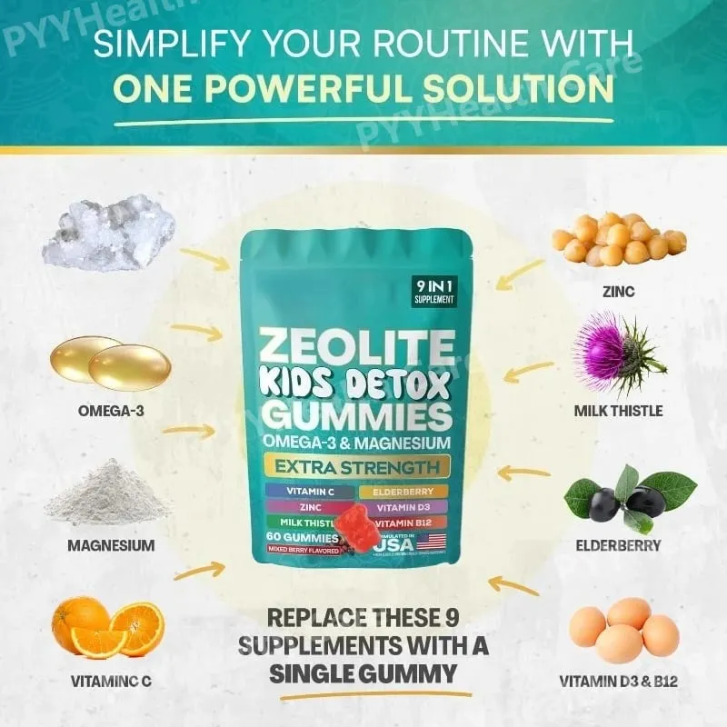 Zeolite Gummies 9-in-1 with Zeolite Omega-3 Magnesium Elderberry Vitamin C Milk Thistle Vitamin D3 Zinc B12 60 Gummies — image 3
