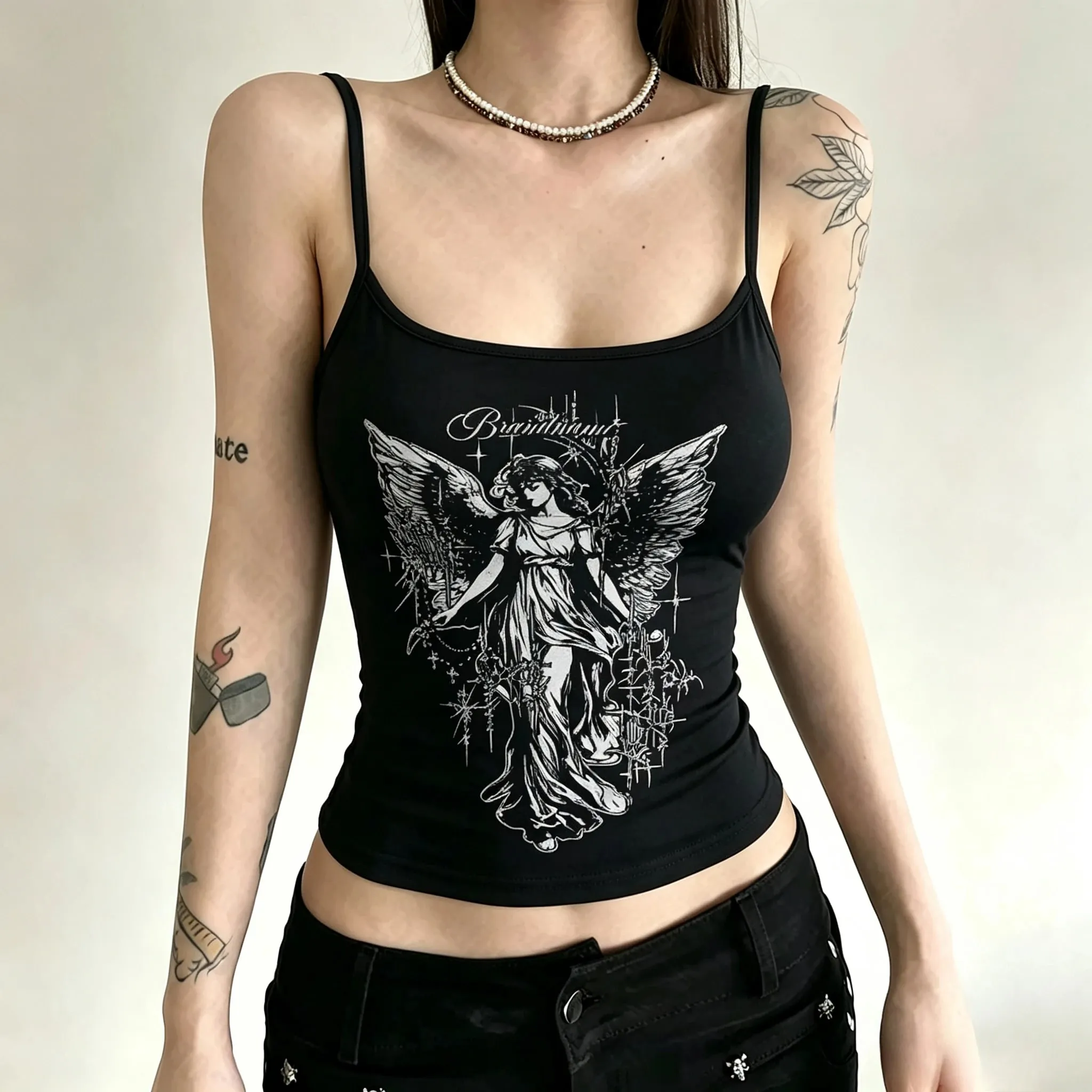 Women Y2K Gothic Spaghetti Strap Cami Tank Top Dark Angel Graphic Print Slim Sleeveless Alt Aesthetic Casual Party Ladies Tops