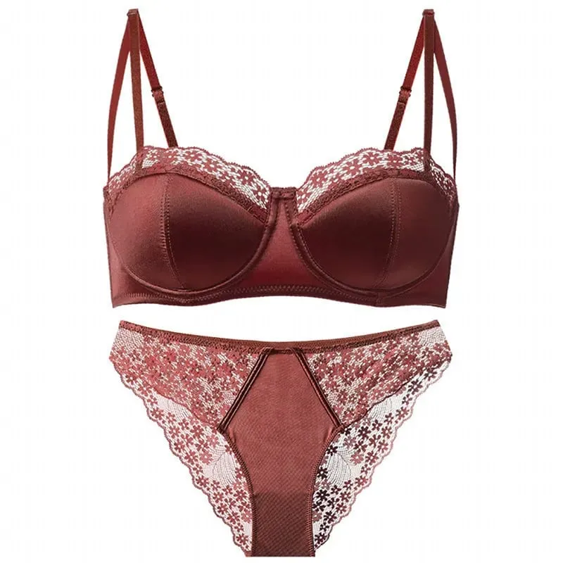 Women Half Cup Lace Bra Set Thin Underwire Minimizer Bra Sexy Push‑Up Anti‑Sag Side Support Hide Armpit Fat Lingerie — image 10