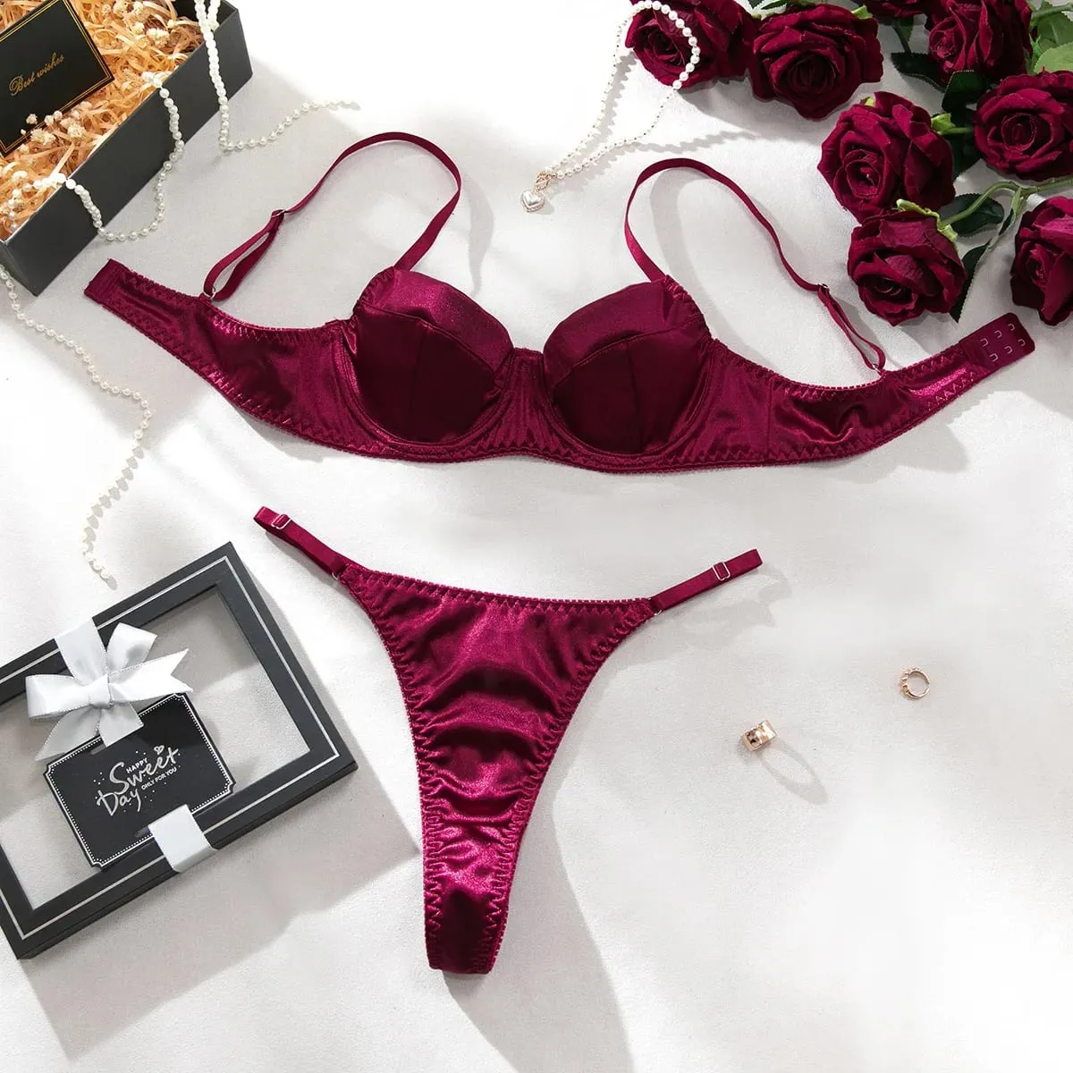 2 Pcs Sexy Bra Set Women Underwear Underwire Push Up Satin Patchwork Bras and Thongs Suits Attractive Bilizna Intimate Set — image 9