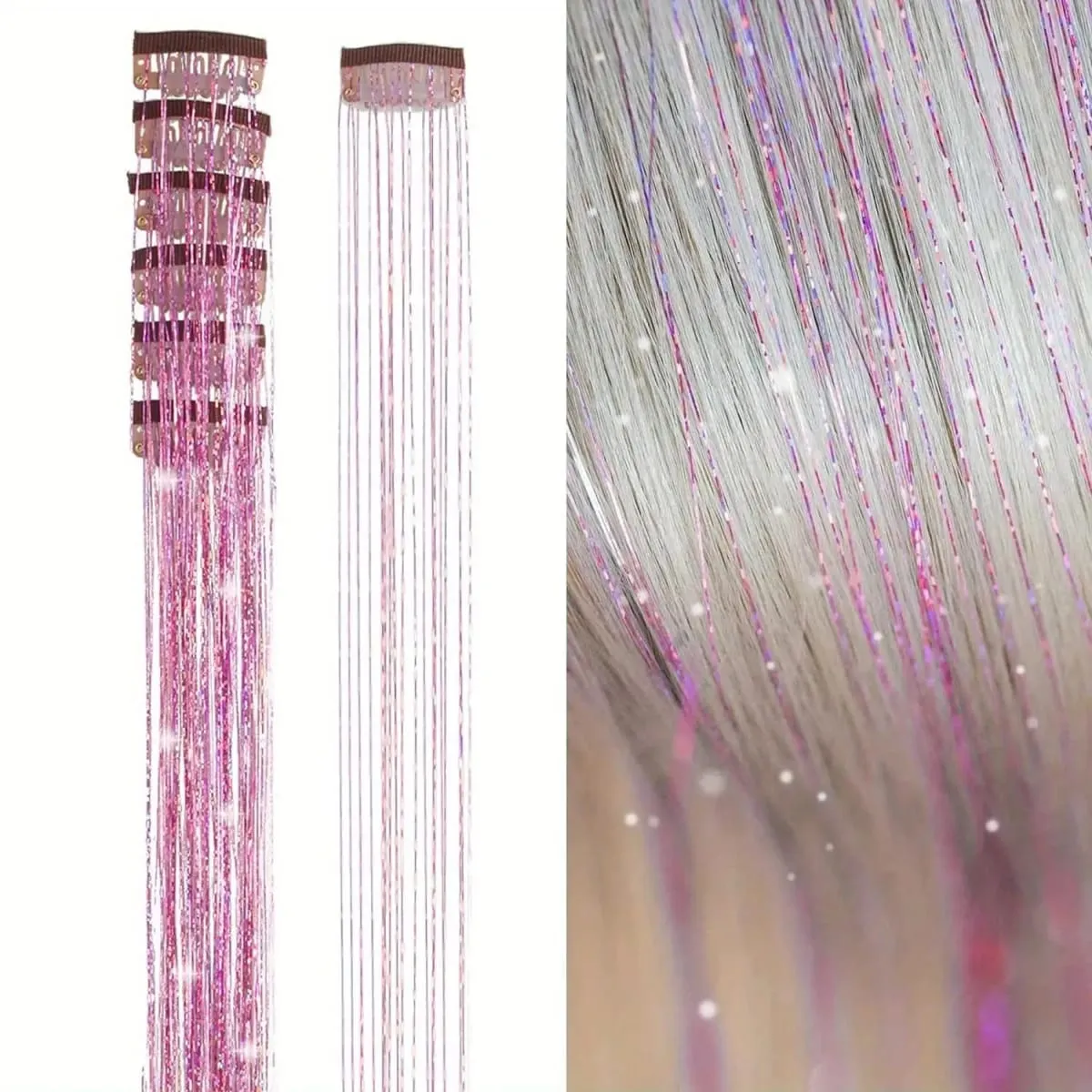 6Pcs 50cm Sparking Shiny Hair Tinsel Hair Extensions Tinsel Synthetic Hair Clip Extensions Women for Braiding Headdress
