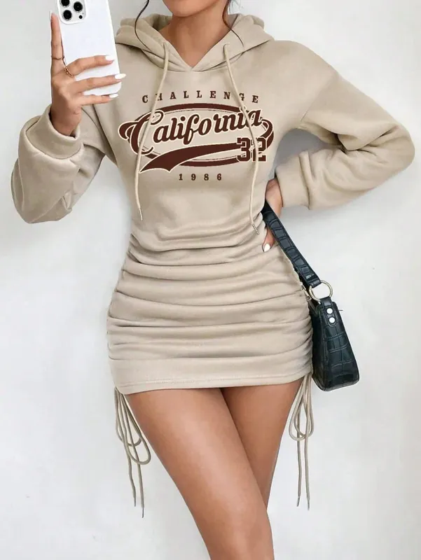 2026 Women's New Casual Long Sleeved Solid Color Pattern Short Hooded Dress Short Skirt Suitable for Daily Outdoor Wear