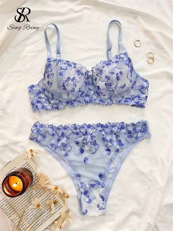 Mesh Sheer Lingerie Tweedelige Pakken Franse Bloemen Seusual Ondergoed Sets Vrouwen Borduren Sexy Bh & Slips Sets — image 8