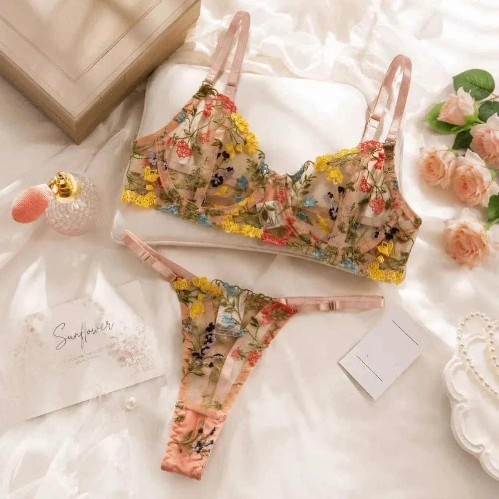 Sheer Intimates Transparent Lingerie Set Push Up Ultra-thin Embroidery Floral Underwear Elegant Panties Bra Set Honeymoon — image 4
