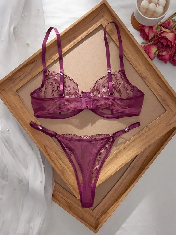 Romantic Women's Underwear Ultra Thin Floral Embroidery Sexy Lingerie See Through Pure Desire Lingerie Set Push Up Sexy Bras — image 3