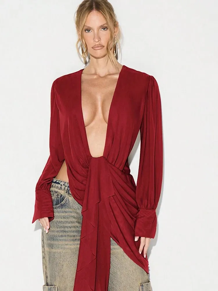 Beyprern Chic Y2K Aesthetic Plunging Neckline Mesh Top Female Draped Asymmetrical Long Sleeve Cover Up Blouse Night Out Clubwear