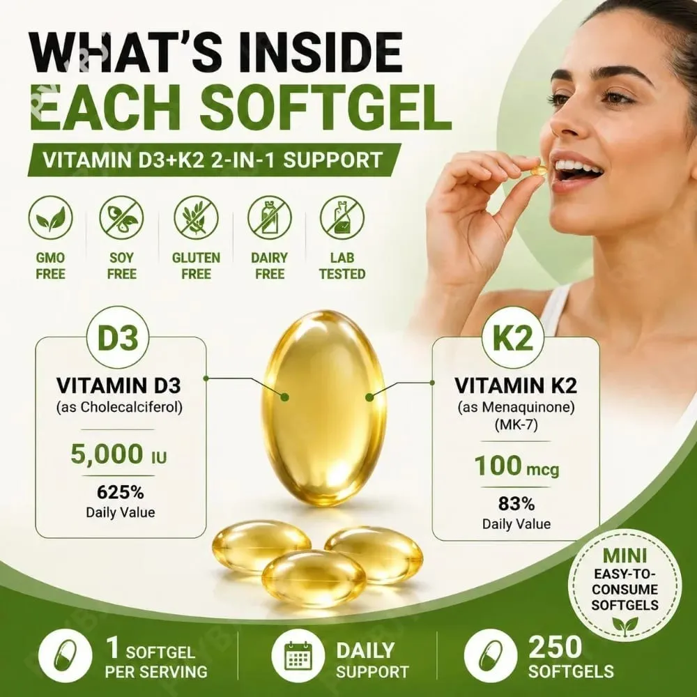 Vitamin D3 K2 Softgels with MK-7 5000 IU Vitamin D3 and 100 mcg Vitamin K2 for Daily Heart Bone & Immune Support 250 Softgels — image 6