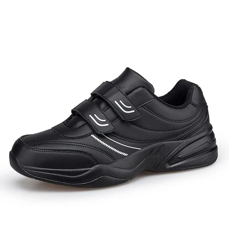 Men's Adjustable Hook And Loop Leather Sneakers Pure Black Casual Sports Shoes Big Size 47 48 Elderly Walking Shoes — image 2
