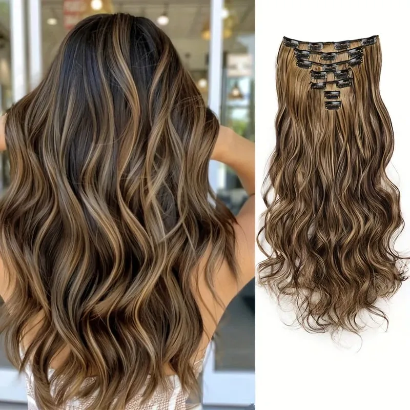 7pcs/set 24 Inch Synthetic Long Curly Wavy Hair Extensions 16 Clips In Hairpieces Synthetic Fiber Wave Hair Extensions for Women