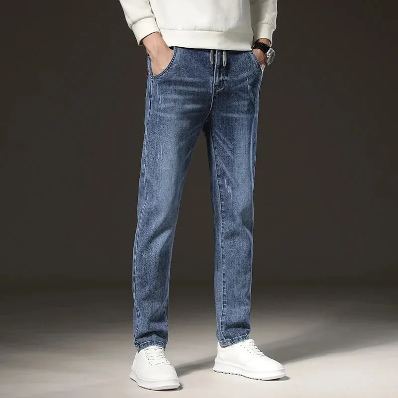 Warm Winter Jeans Men's Fleece Light Blue Slim Straight Denim Pants High Quality Thicken Velvet Elastic Comfort Casual Trousers — image 5
