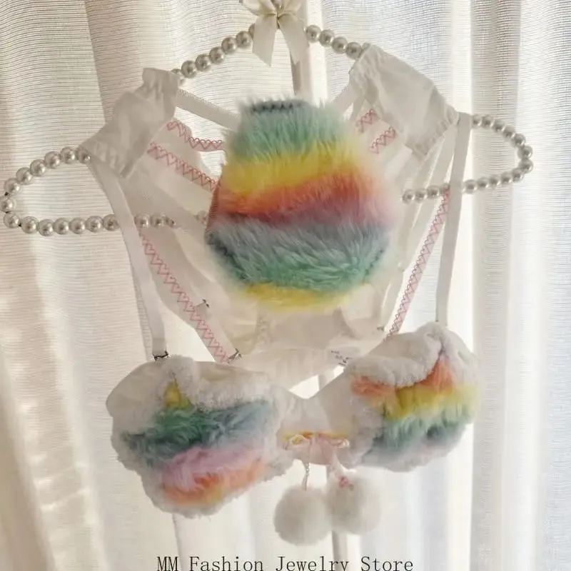 Womens Plush Rainbow Star 2 Piece Bra and Panty Set without Underwire Furry Lingerie Underwear for Cosplay or D0UB