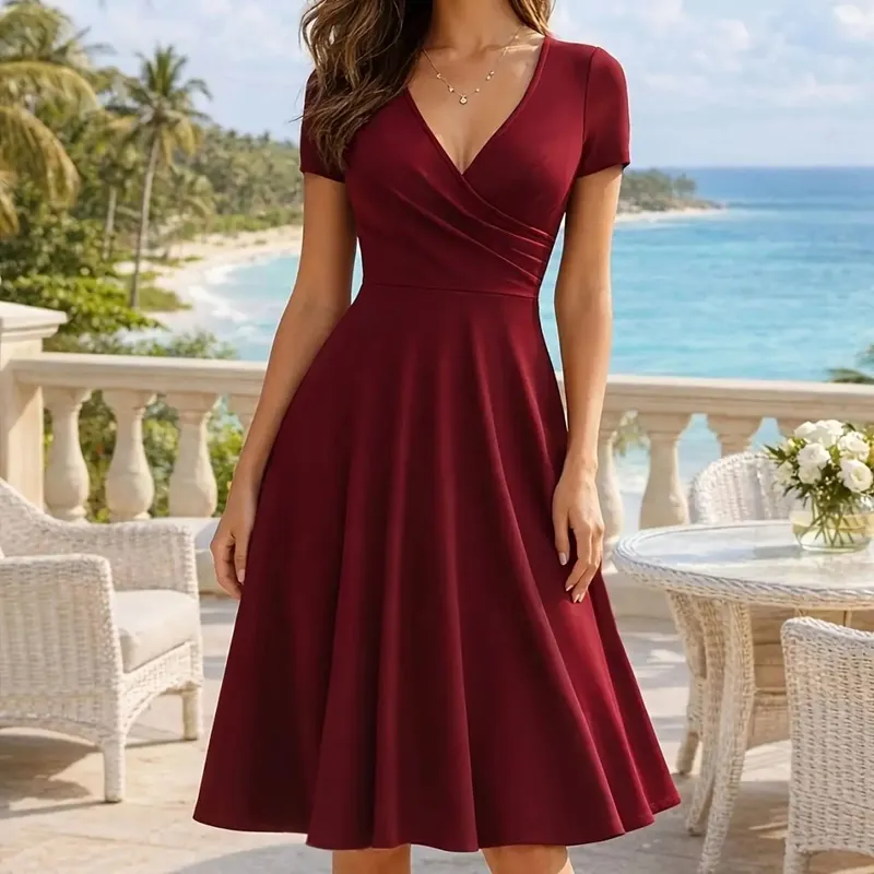 Women's Elegant Round Neck Summer Short Sleeve Solid A-Line Knee-length Dress High Waist Swagger Party Wedding Casual Departure — image 11