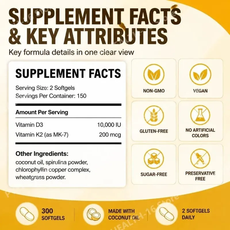 Docteat Vitamin D3 & K2 Softgels with Immune Support and Bone Health Coconut Oil GMO Free Gluten Free Soy Free 300 Softgels — image 2