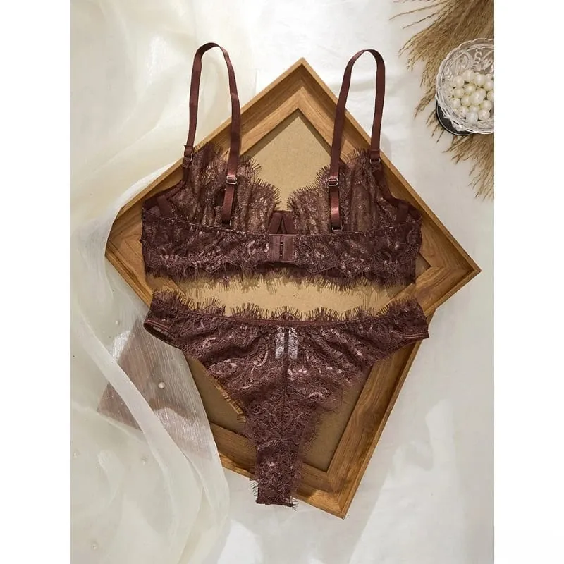 Ladies' Basic Style Thin Lace Bra and Panty Set Seamless Single Layer Eyelet Underwear Comfortable Intimate Apparel — image 3