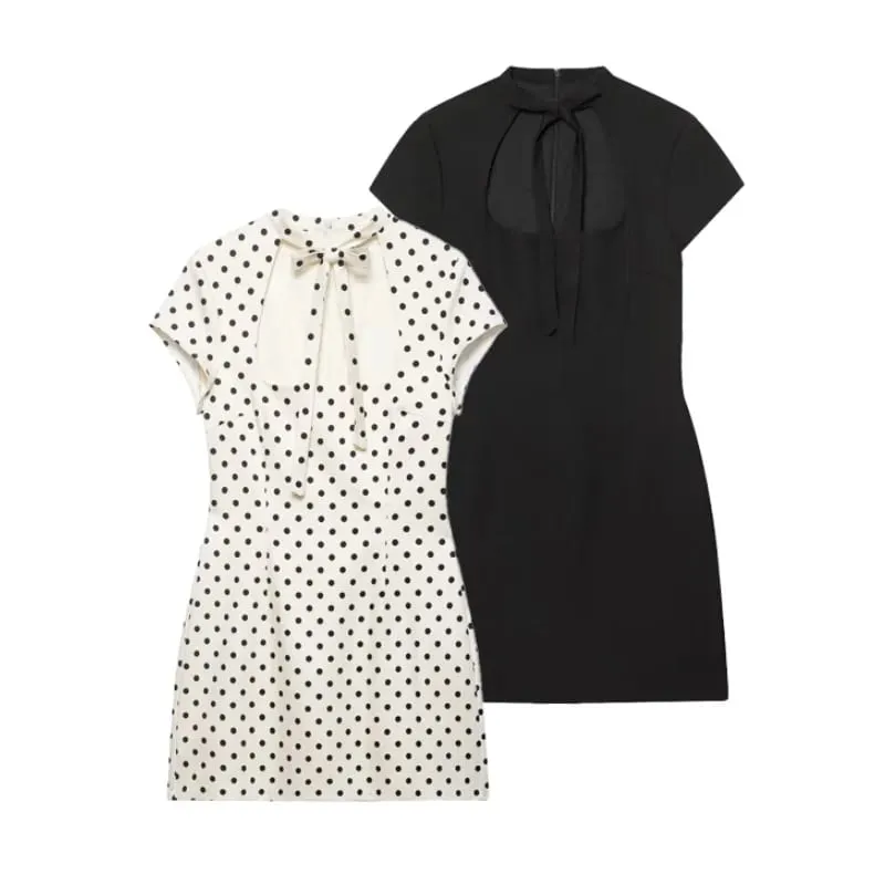 Cut Out Front Bow Tie Mini Dress Women's Polka Dot Short Sleeve Bodycon Dress Spring Summer Sexy Fashion Party Dress — image 1