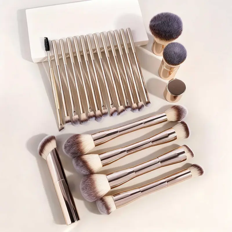 20-Piece Professional Makeup Brushes Set Metal Handle Wand With Velvet Pouch Soft Foundation Eyeshadow Eyebrow Blending Hi