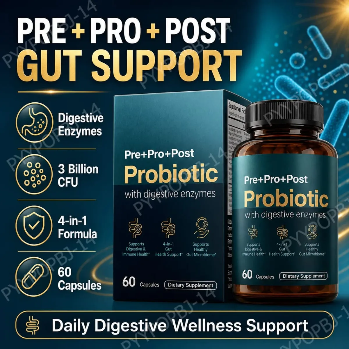 Premium 4-in-1 Probiotic Prebiotic Postbiotic Digestive Enzymes for Men&Women Supports Gut Digestion Immunity 60 Capsules — image 1