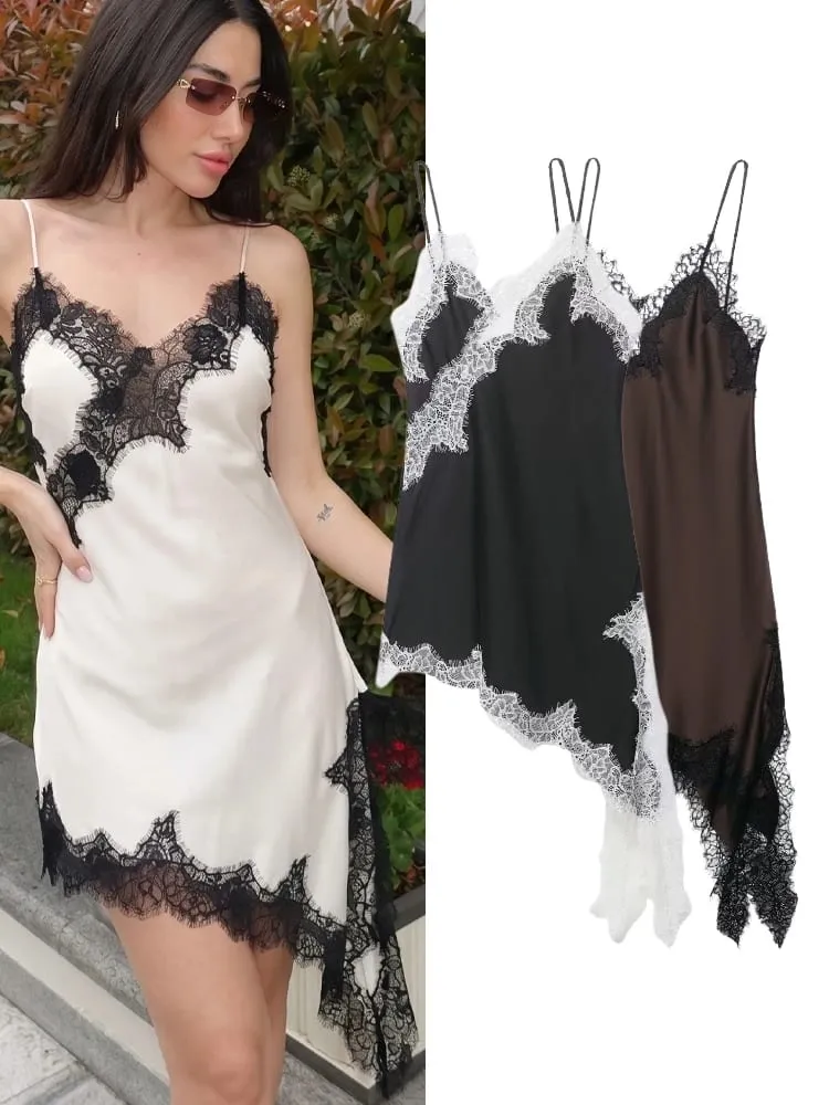 HH Women Elegant Asymmetry Hem Solid Dress Sleeveless Backless V Neck Fashion Dresses Female Sexy Lace splicing Mini Beach Dress — image 2