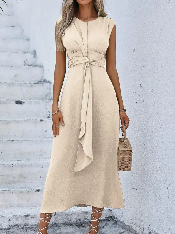 Women's Solid Color A-Line Dress Sleeveless Front Thin Straps Elegant Belted Midi Dress for Summer — image 9