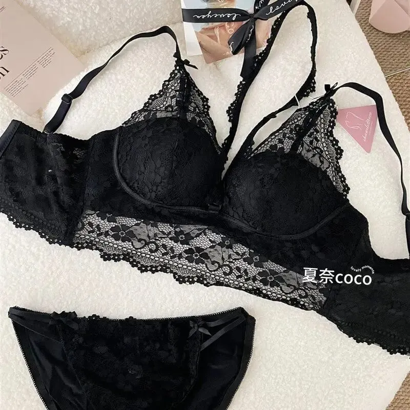 French Lace Wide Strap Thick Top Inner Lace Layer No Underwire Bra Set Petite Women Small Bust Comfort Lingerie Set 32-38 S-XL — image 11