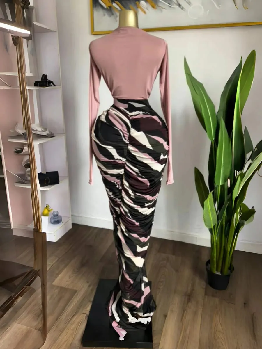 CM.YAYA Women Tie Dye Striped Patchwork Stacked Ruched Bodycon Midi Maxi Long Dress Fall Winter Education Vacation Prom Dresses — image 4