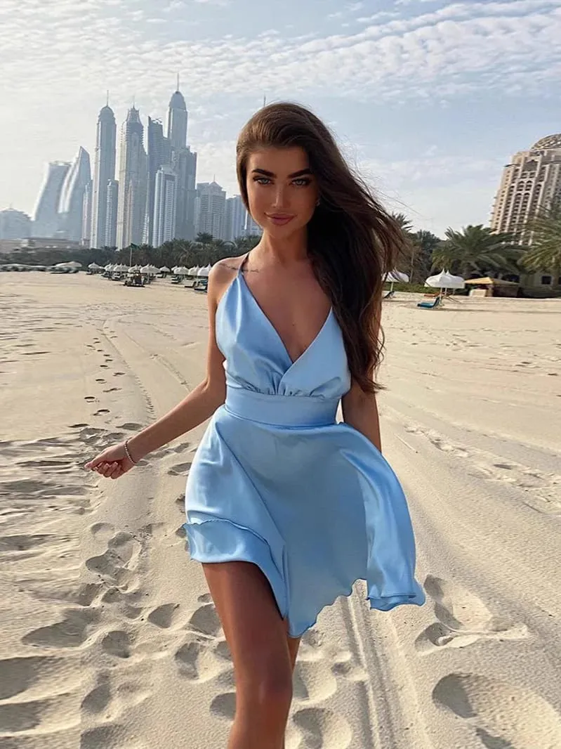 Summer Sexy 2000s European and American Solid Color V-neck Bow High Street Vintage style emo Strap Dress Strap A-line short Dres — image 5