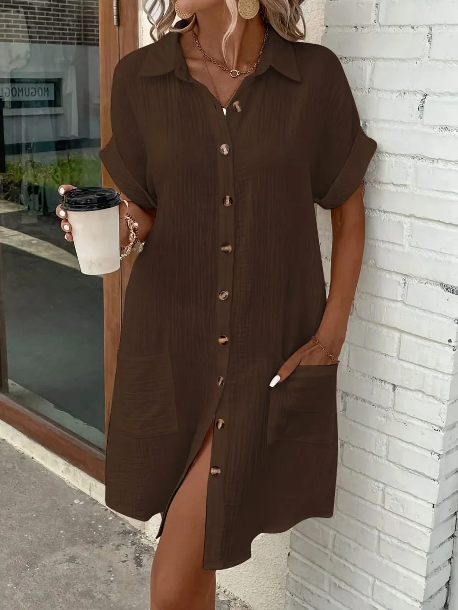 1 Solid-Color Collar Short-Sleeve Women's Dress with a Single Row of Buttons Simple and Convenient Pocket Design. — image 2