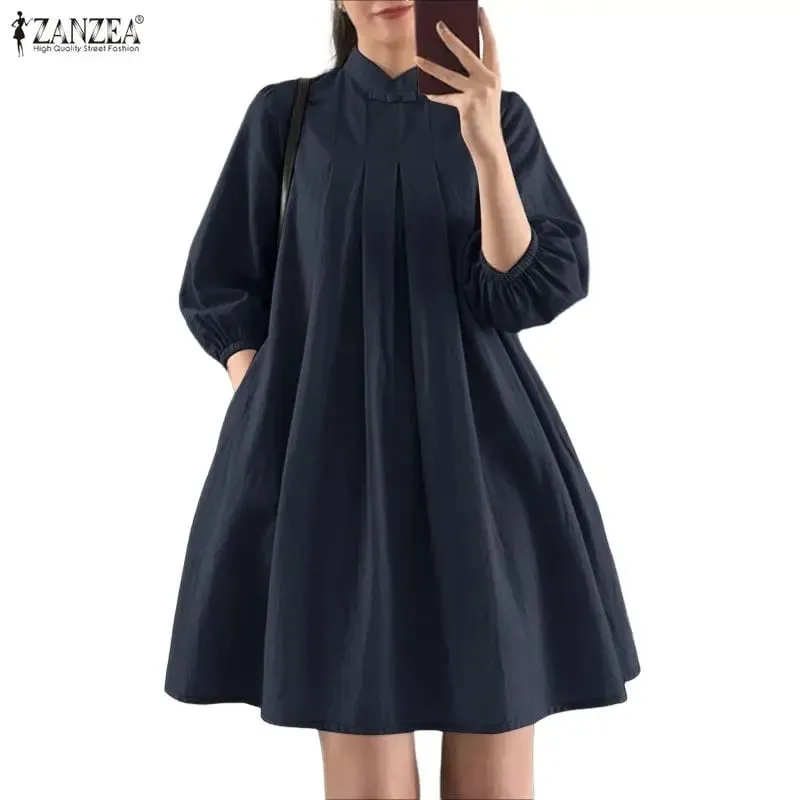 Summer Women's Elegant Pleated Dresses Stand Collar 3/4 Puff Sleeve Crinkled A-Line Knee-Length Dress Casual Robes Femme — image 9