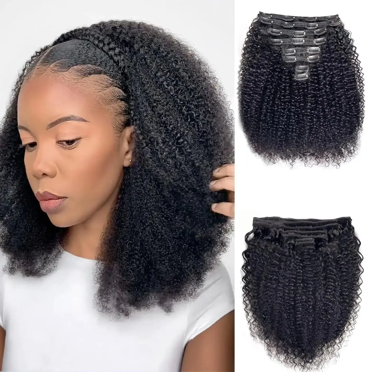 Afro Kinky Curly Clip in Hair Extensions Human Hair 12A Brazilian Hair Water Wave Clip Ins 120g Natural Black 8Pcs/Set Full Head — image 7