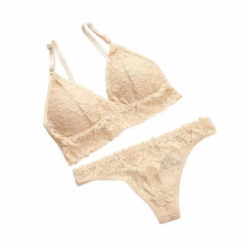 V Neck Lace Flower Bra Set Thong Solid Color Floral Panties Bra Kit Transparent Lingerie Lace Underwear Valentine's Day Gift — image 7