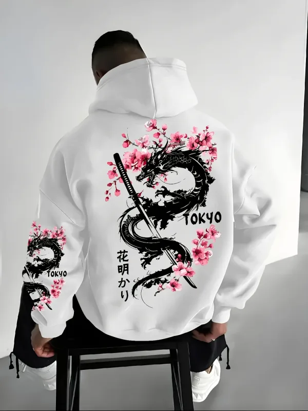 Dragonmönstrad pullover i anime-stil med körsbärsblomstryck för vintervärme, lös och avslappnad stil