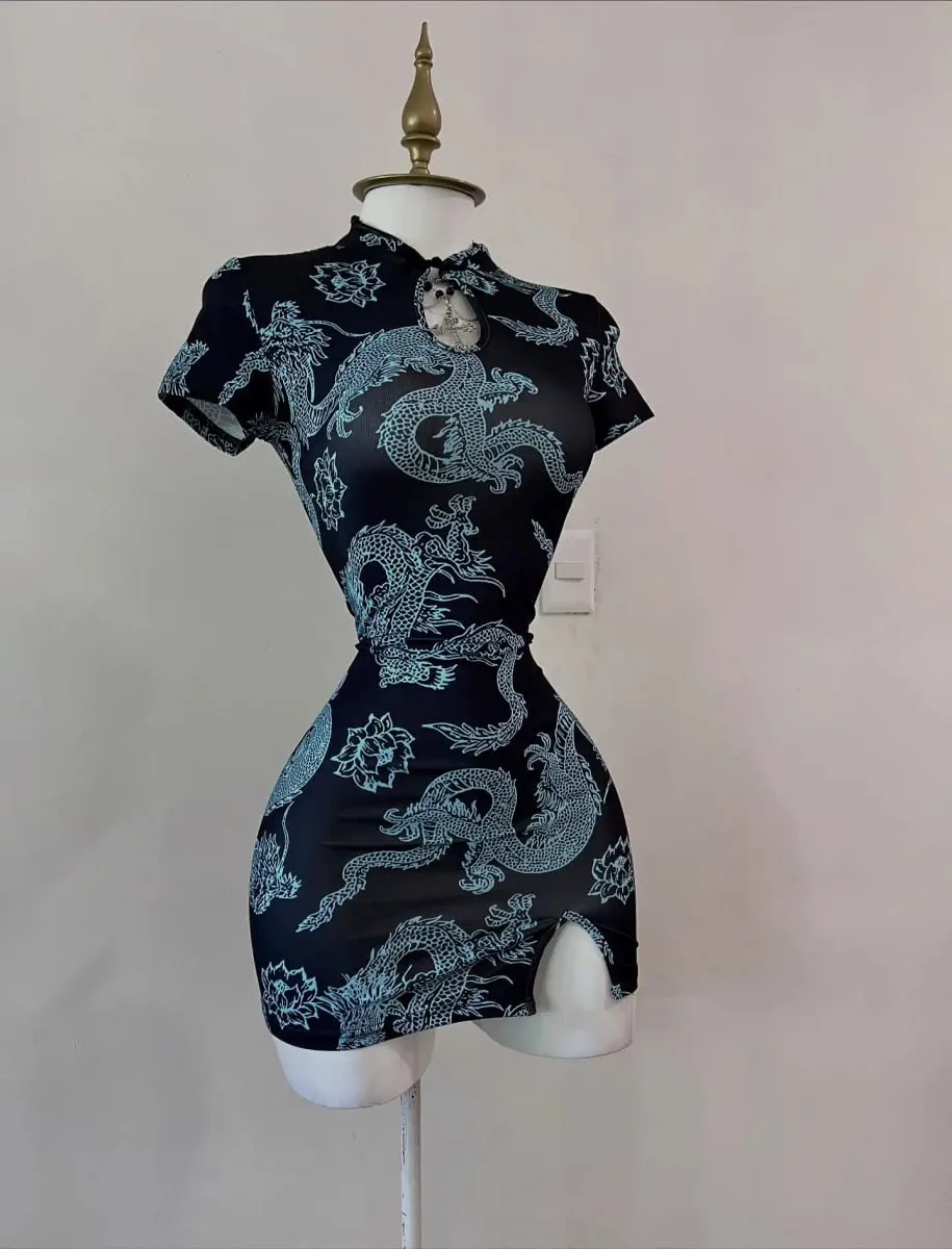 National Trend Style Dragon Pattern Improved Cheongsam Short-Sleeved Stand-Up Collar with Buttoned Sexy Slit Short Skirt — image 6