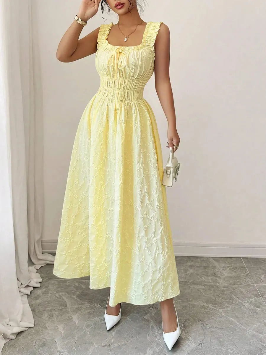 Vacation Essential Yellow Smocked Midi Dress Chic Beach Party Date Night Dress