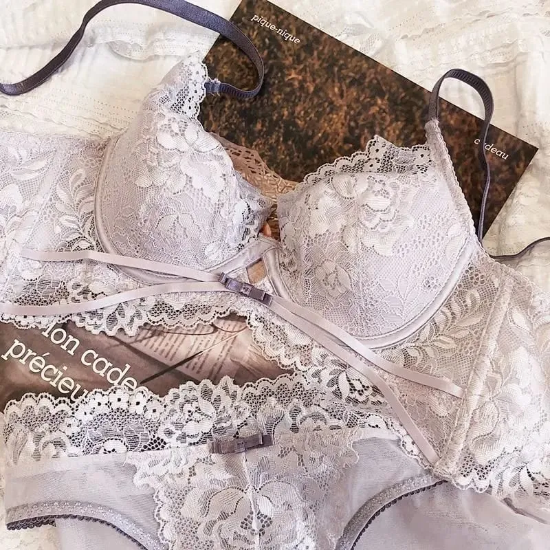 2 Parça Yaz Ince Fincan Sutyen Seksi Dantel Içi Boş iç çamaşırı seti Kadınlar için Fransız Nakış Lingerie Push Up Sütyen Külot Seti — image 2