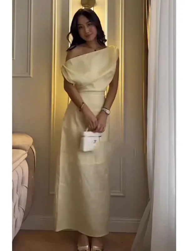 Women Off-shoulder Linen Maxi Dresses Elegant Waist-cinching Side Split Ankle-length Dresses 2026 Summer New Lady Casual Robes — image 3