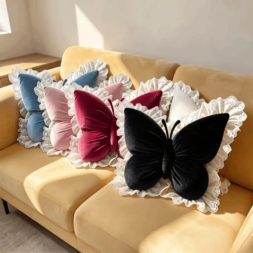 Elegant Velvet Butterfly Pillow Soft Lace Trim Bow Cushion Cute Bow Throw Pillow Gifts — image 2