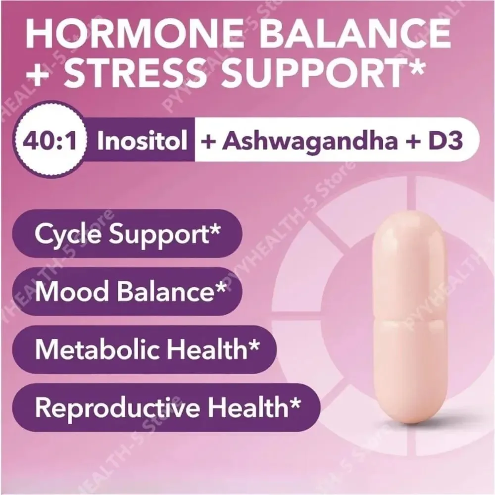 Cápsulas de Myo-Inositol e D-Chiro Inositol 40:1 Vitamina D3 Ashwagandha Suplemento diário de bem-estar com 120 contagens — image 3