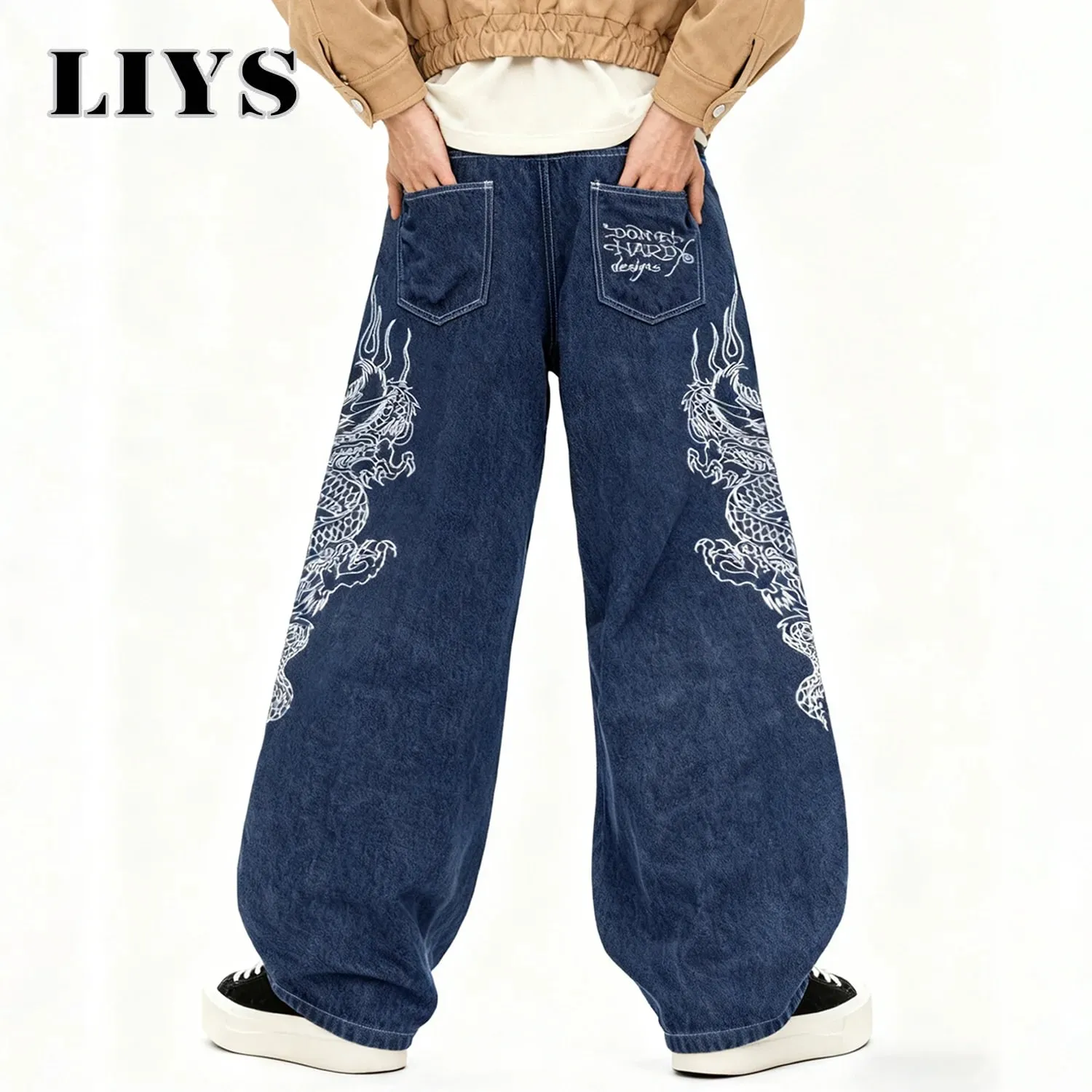Korean Street Blue Baggy Wide Leg Men's Jeans Personalized White Dragon Pattern Embroidery Denim Pants Gothic Male Jeans Unisex — image 3