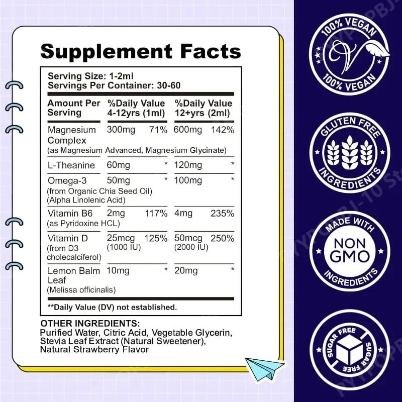 Kids Magnesium Glycinate Liquid Drops with L-theanine Omega-3 Vitamin B6 D3 for Sleep Relaxation 2 Fl Oz Strawberry Flavor — image 4