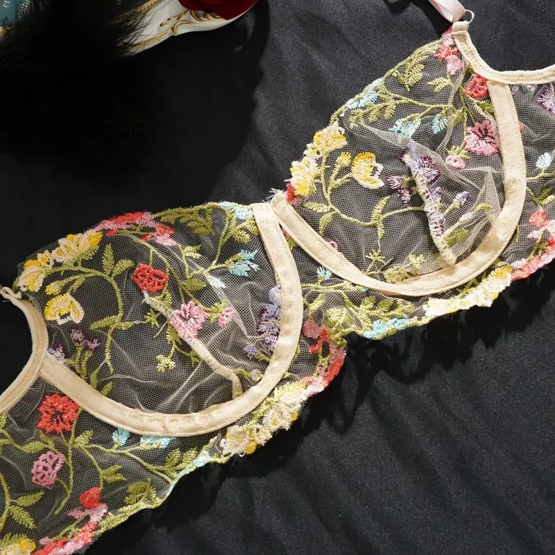 Women's New Sexy Embroidered Floral Lingerie Set Single-Layer Underwire Bra Thong Pants Hollow Transparent Out Lingerie Set — image 6