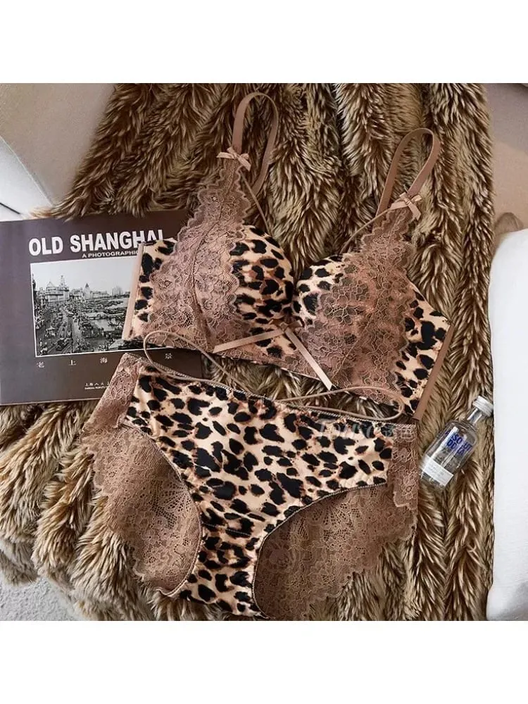Women Leopard Lace Lingerie Set 32‑38AB Wireless Push‑Up Bra Side Breast Support Anti‑Sag Sexy Pure Desire Underwear